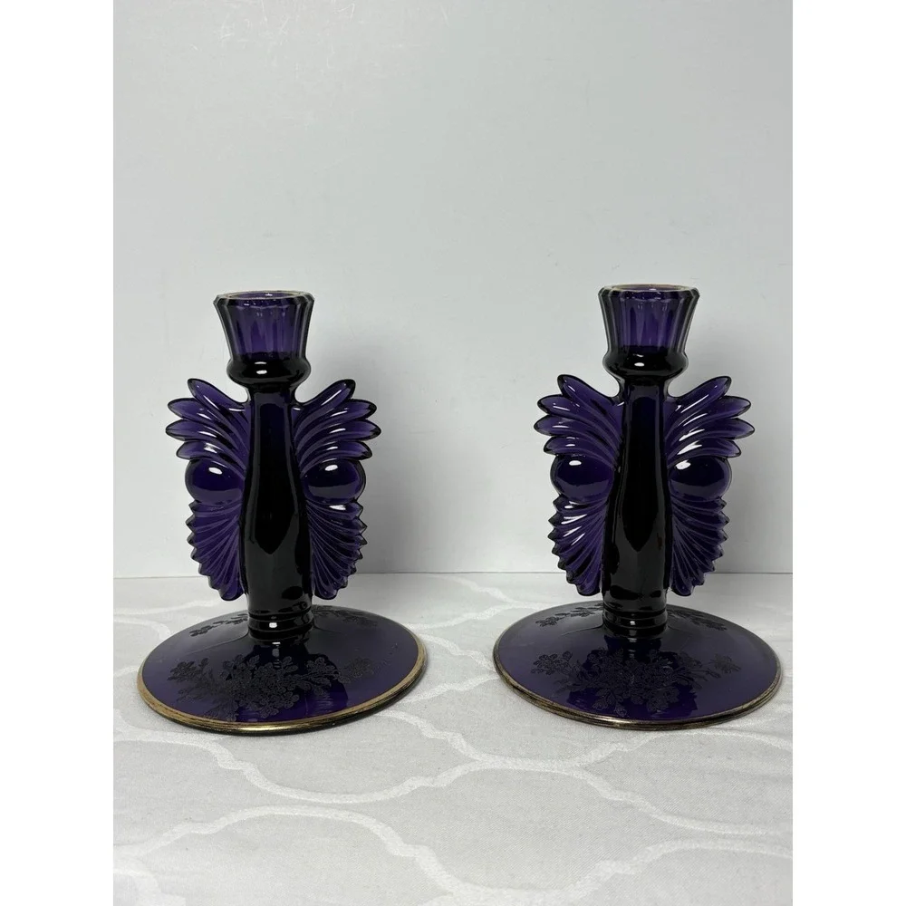 2 VTG Paden City Purple Amethyst Glass Art Deco Candlesticks Maya Ardith Etching